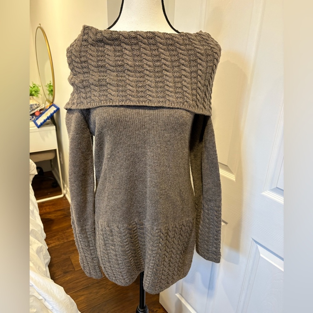 Ellen Tracy Cable Knit Off Shoulder Foldover Sweater Taupe M